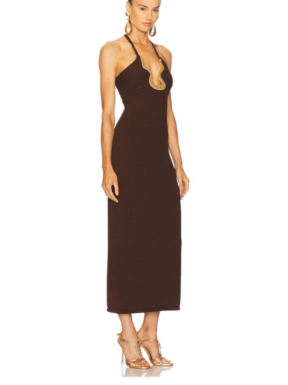 cult gaia Brown Knit Midi Dress with Cream Sculptural Neckline - Picture 2 of 3